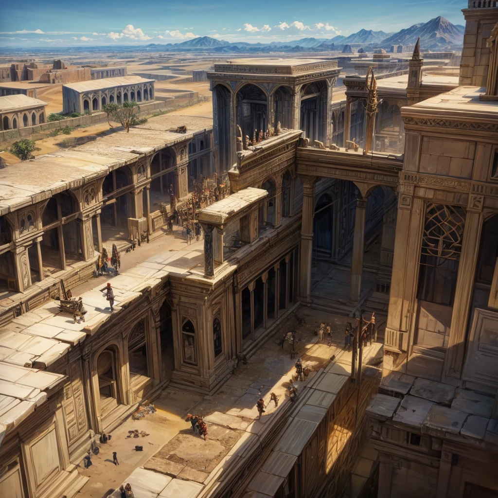 An ancient Mesopotamian city being invaded by the ancient Persian army