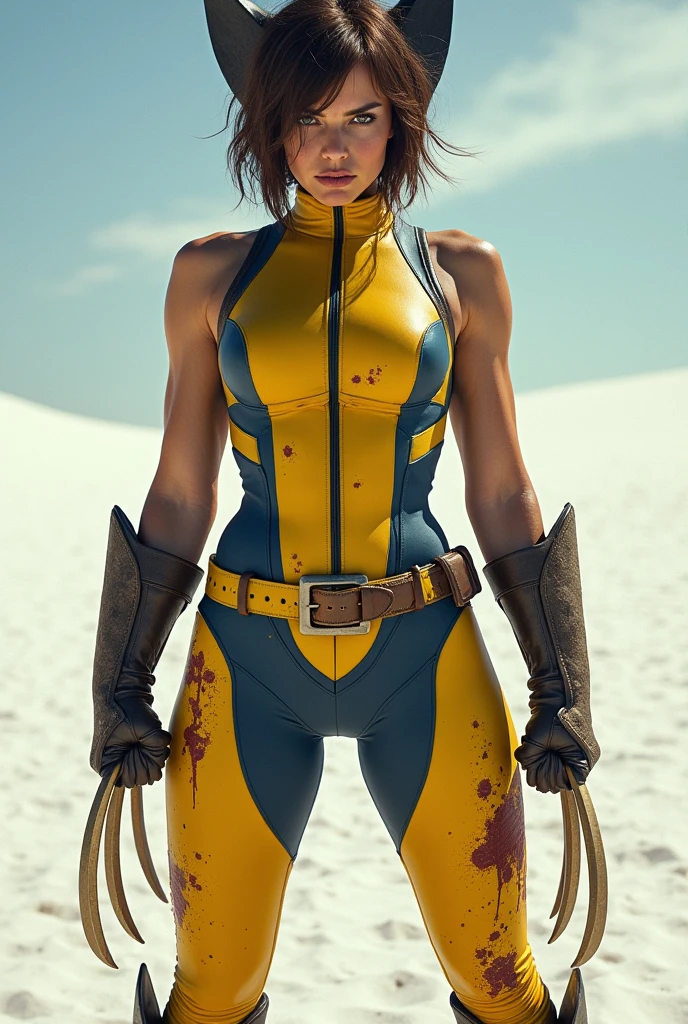 Woman in Wolverine costume, Realistic yellow and navy blue suit, suit with some wear, dirt and some cuts with dried blood, suit with some reinforcement, suit with sleeves, with the face completely visible, with a serious and slightly angry expression, SHOWING THE FANGS, with short and somewhat disheveled hair, with brown eyes, with three golden claws. full body image, in a white sand desert, in a combat pose.