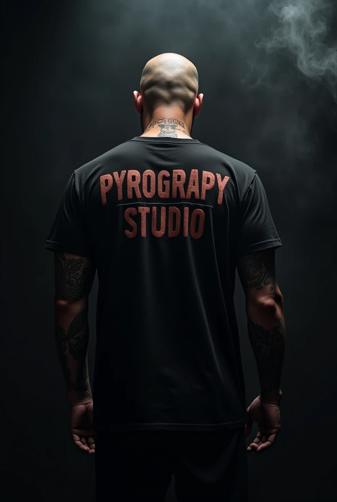 Shaved, dark, tattooed man from behind wearing a black t-shirt with the legend Pyrograpy Studio in Chicano style, on black background with smoke