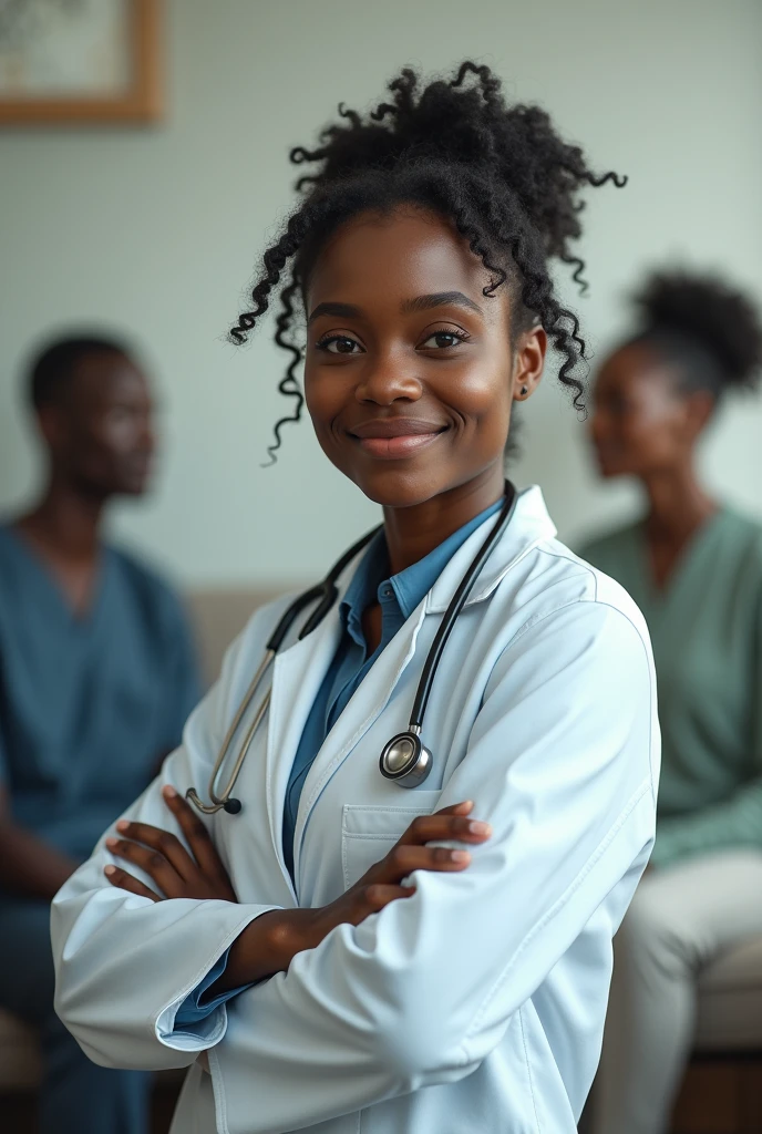 I want a go for a health channel called ZimVitals, with motto "Wellness together, happiness forever". Put a tinge of dim Zimbabwean flag at the background. Add a realistic black doctor with a patient in the background make it water mark then put a health logo in front
