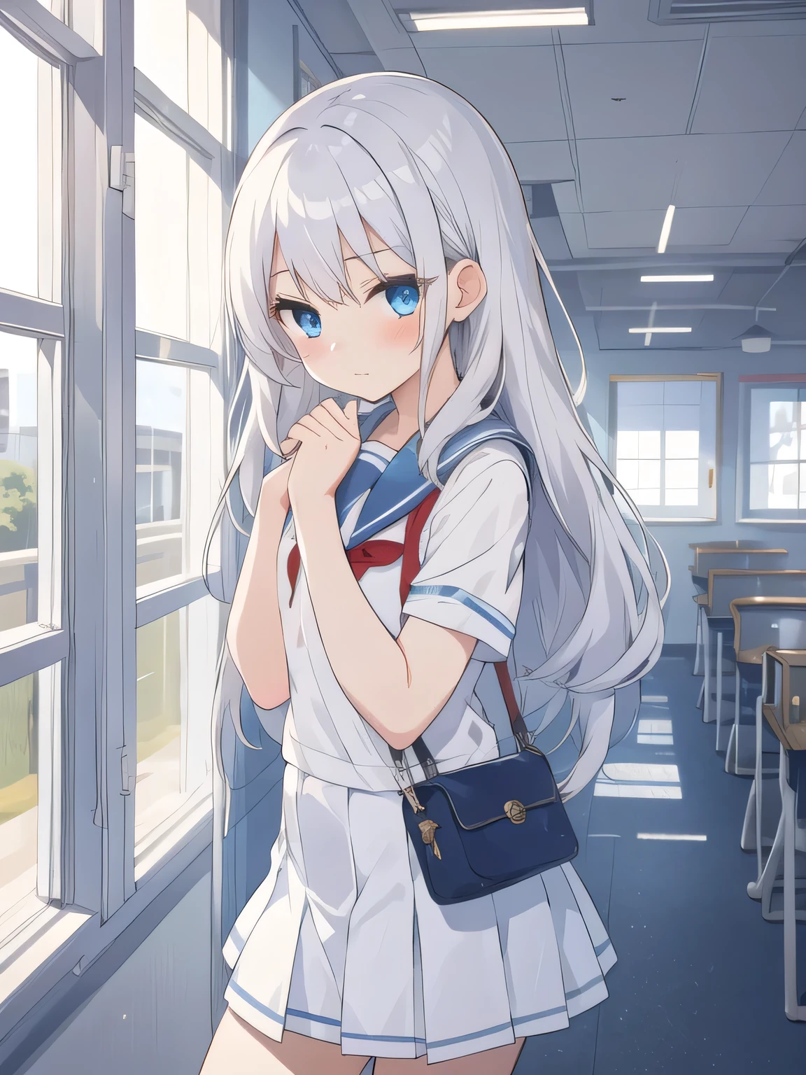 cute girl, anime, silver hair, blue eyes, feel shy, cute, (young:1.1), side shot, cowboy shot, white school uniform, morning, school zone
