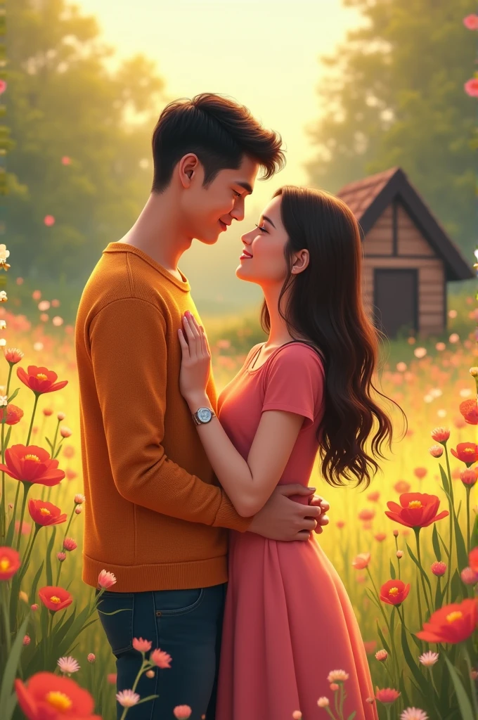 30 years old guy attractive tall black short hair orange shirt long sleeve checkered and a girl long straight brown hair attractive 30 years old pink dress silver watch in the field with hut flowers