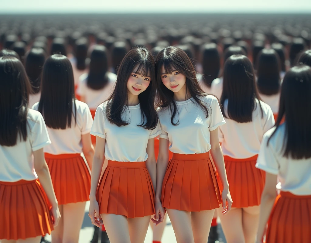 (((((Japanese Clone-girls=Myself))))), (((Super Best masterpiece Clone-girls Raw Photography Art))), (((16K, Highest quality, Ultra-high resolution, RAW Photos))), (((It&#39;s so unrealistic., With unparalleled depiction, With an unfathomable sight, An unprecedented and shocking worldview, Clone-girls: In a world of mass reproduction, Ultra-realistic))), (((Japanese Girls, Sasaki Nozomi, 26yo, Small face, Thick black hair, Medium to long hair, Dark Eyes, Mature face, Cute Smile, Smiling face, A gentle gaze, (((Very happy laughter)))))), (((Very beautiful detailed girls, Accurate body structure, Accurate body movements, Very detailed body, (((Super big breasts, Large bulge of ample breasts)))))), (((White short-sleeved shirt, I can see the cleavage, Emphasise the fullness of your breasts, Orange pleated mini skirt, Red color socks, Black leather shoes))), ((((((((Very detailed, Myself cloning, Depiction of splitting oneself, 1Myself girl→1,000,000,000,000,000,000,000,000,000,000Myself cloning girls)))))))), (((((((Myself clone-girlsから, Myself keeps multiplying, (Very detailed and intricate, To the exact, Flawless, (((In the same female body,With the same face, With the same hairstyle, In the same clothes, At the same height, 同じSuper big breastsである))), In a detailed depiction), 1,000,000,000,000,000,000,000,000,000,000 people))))))), (((((Myself girls only))))), (((((1,000,000,000,000,000,000,000,000,000,000Myself girls))))), (((((Very detailed depiction, Multiple or more Myselves, Physical contact, Pleasant conversation, Holding hands, Hug, walk, Turn around, Shift your gaze))))), (((Very detailed, Extremely crowded, Body-to-body contact with no gaps))), (Bright and soft light), (((((Clear and accurate perspective depiction, super wide view, Ultra-wide field of view, Focus on the average value of the image))))), A crowd of Myself filling up the horizon, Everyone is sexy!