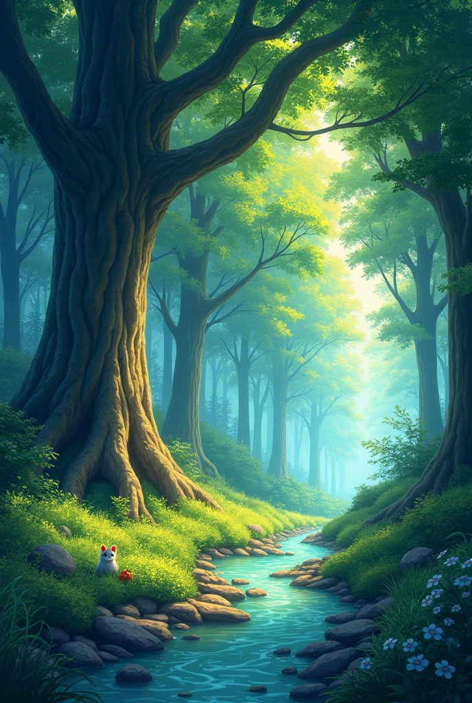 ﻿/imagine prompt: Viral anime nature wallpaper in 4K quality, in the style of digital illustration inspired by Hayao Miyazaki, featuring a serene forest with towering ancient trees, dappled sunlight filtering through the leaves, a gentle stream flowing through the scene, and mystical creatures peeking from behind the foliage; vibrant and warm color temperature, cosmos lighting with stars twinkling in the sky, no human characters, the atmosphere is tranquil and enchanting --v 5 --stylize 1000