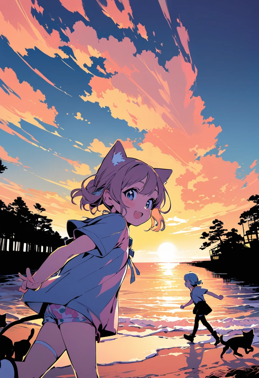 (masterpiece, best quality),Pop Art,Flat Color,A girl Strolling around with a kittens on the beach,girl and kitty,cute face,tween,(enjoying walking),beautiful detailed scenery, friendly,very happy,beautiful lighting,dynamic angle,depth of field,photographic portrait, sharp,illustration by hisashi eguchi,