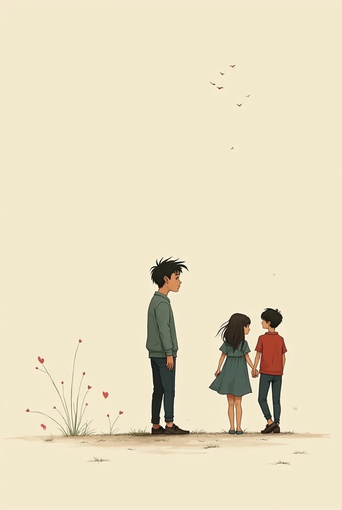 Create a easy drawing image of A one-sided lover boy seeing his lover going with another boy by joining hands together 