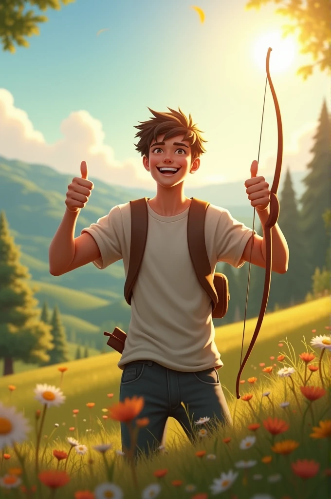 A young man with a radiant smile, with thumbs up and surrounded by a sunny and beautiful landscape. With a bow, of the zodiac sign Sagittarius