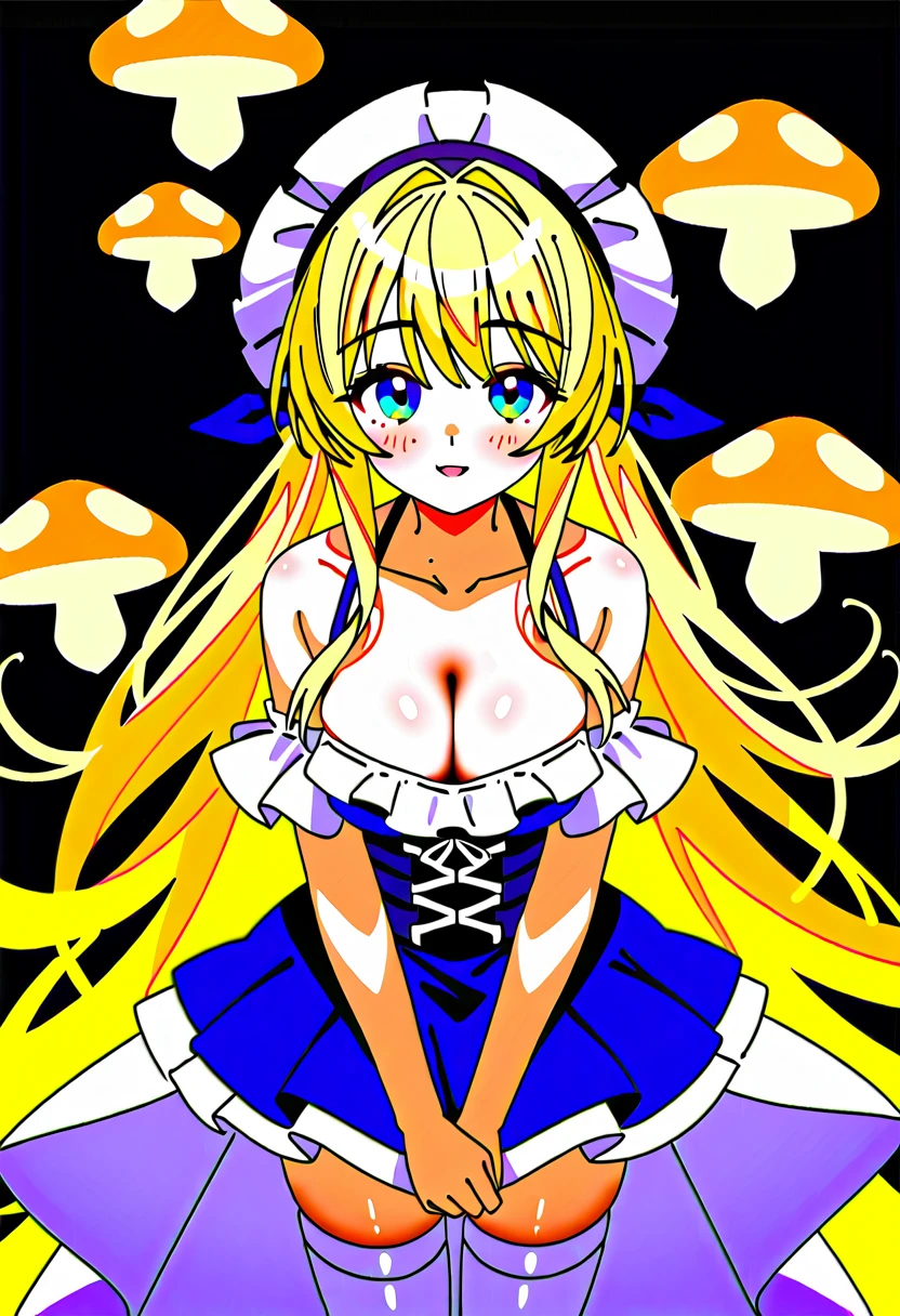 a beautiful 20 year old blonde Jaime Bergman with big messy hair in a blue dress, white stockings, black headband, cleavage, holding a glowing mushroom, fantasy art style, cartoon vibrant, cute detailed digital art, colorful digital fantasy art, digital fantasy art ), glossy digital painting, pastel vibrant,