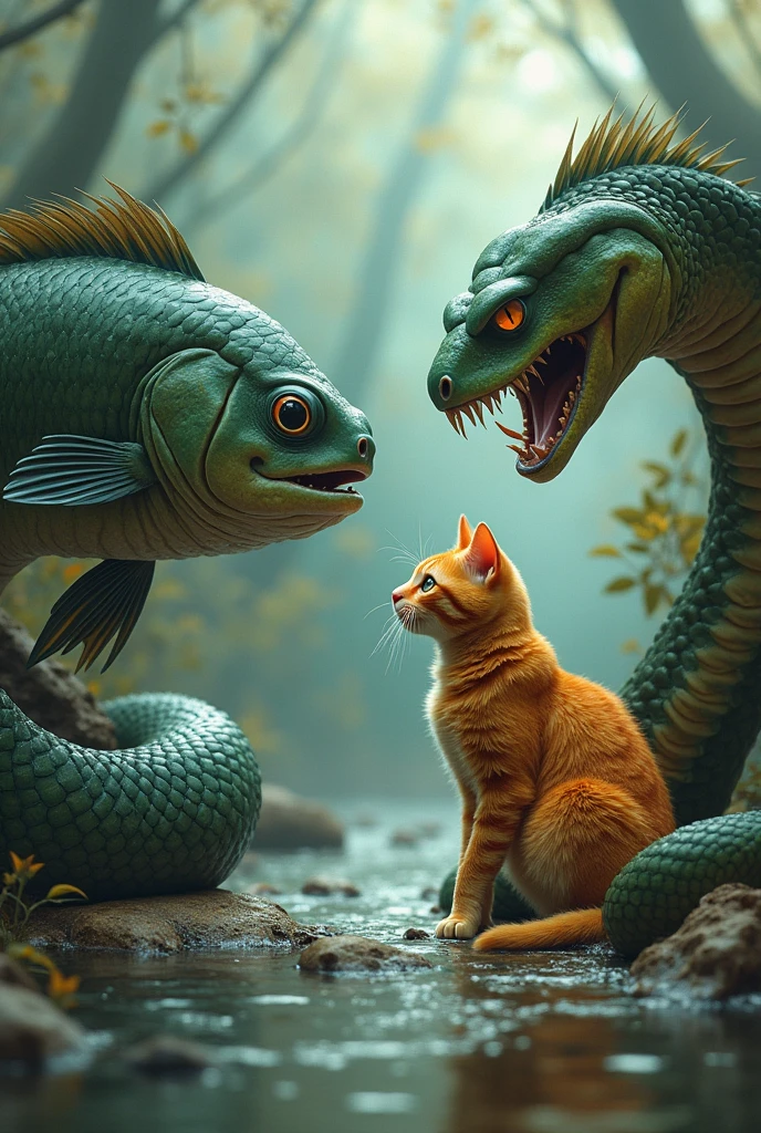 
Tab, machhli ne saanp ko kaha, "Main tujhe maar doonga, agar tu Luna orange cat ko nahin chhodta." Saanp ne machhli se dar kar Luna orange cat ko chhoda aur bhag gaya.
