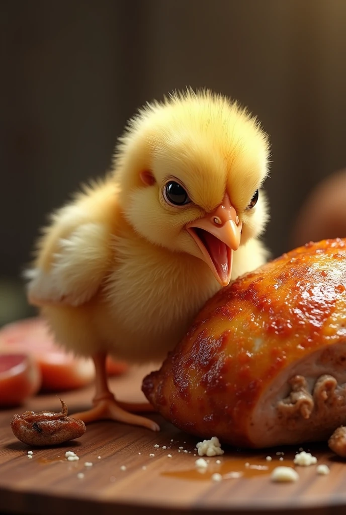 Chick eating roast meat