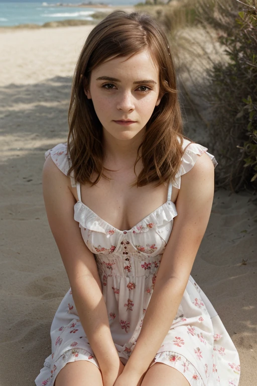 (Emma Watson), (portrait photo) of (jnlv woman:1.0), wearing a floral pattern frilled dress, by the beach, face in highlight, sunny day      