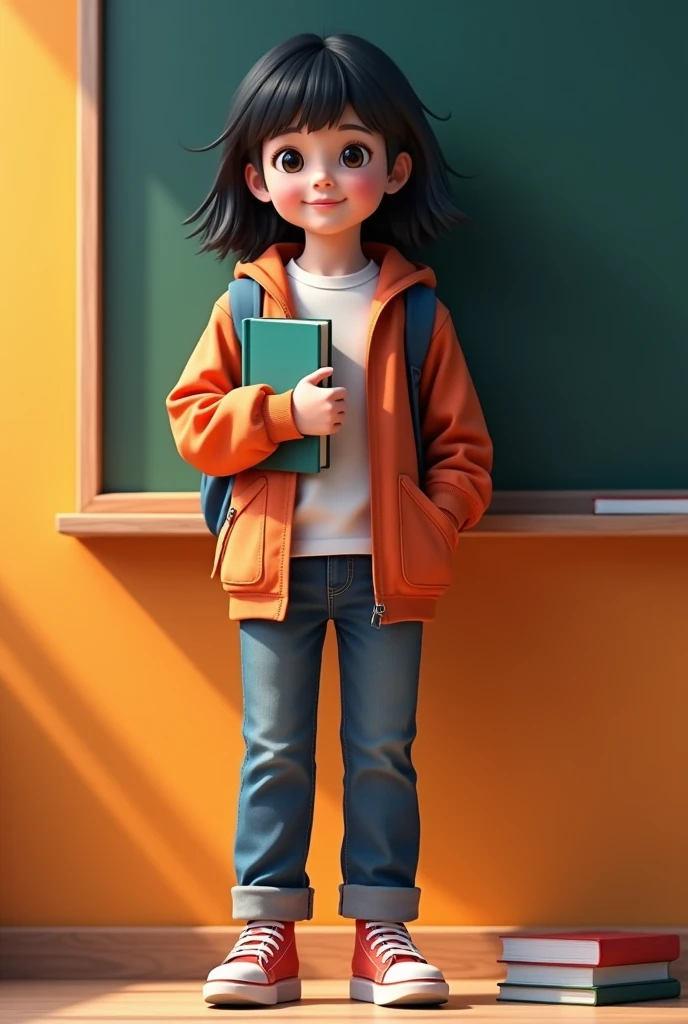 The background is a full-body 3d art work of a lovely junior high school boy standing in front of the blackboard in the classroom, wearing fashionable casual clothes, holding a book in her hand, with a warm smile on her face, big eyes and long black hair, vivid color scheme, strong contrast between cold and warm colors, bright light, background focal length of 35mm f1.8,C4D, blender, etc. OC renderer, high detail 8k