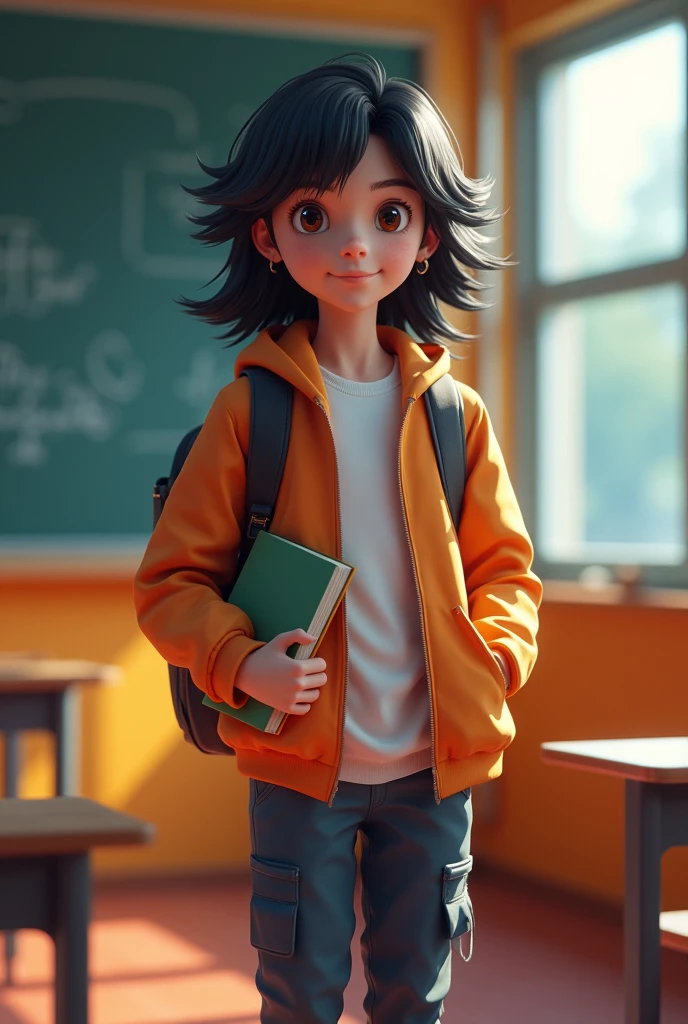 The background is a full-body 3d art work of a lovely junior high school boy standing in front of the blackboard in the classroom, wearing fashionable casual clothes, holding a book in her hand, with a warm smile on her face, big eyes and long black hair, vivid color scheme, strong contrast between cold and warm colors, bright light, background focal length of 35mm f1.8,C4D, blender, etc. OC renderer, high detail 8k