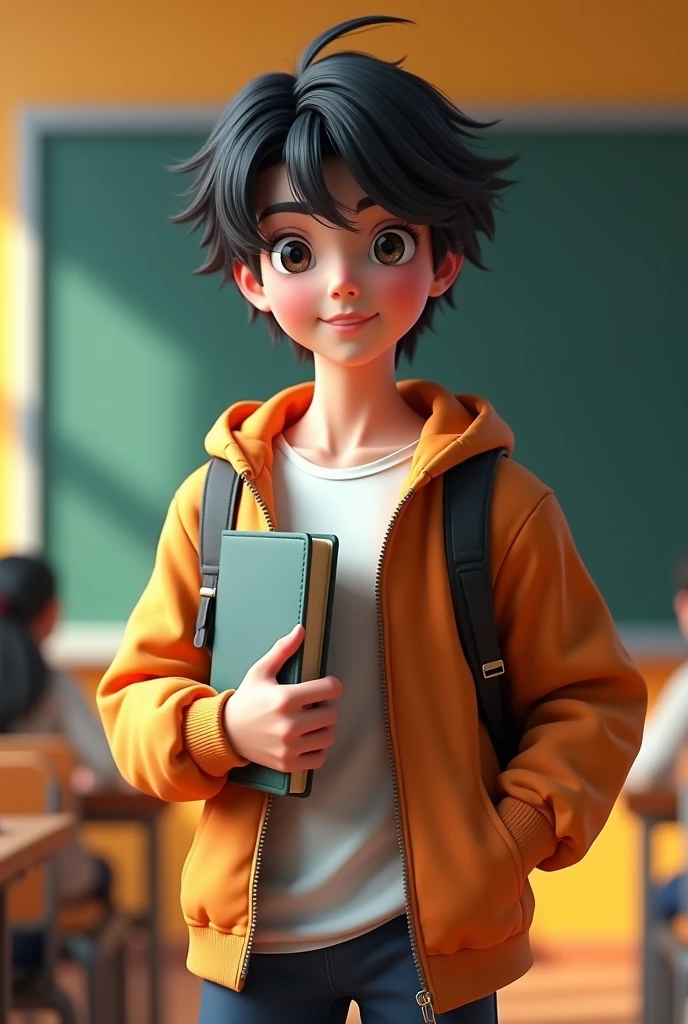 The background is a full-body 3d art work of a lovely junior high school boy standing in front of the blackboard in the classroom, wearing fashionable casual clothes, holding a book in her hand, with a warm smile on her face, big eyes and long black hair, vivid color scheme, strong contrast between cold and warm colors, bright light, background focal length of 35mm f1.8,C4D, blender, etc. OC renderer, high detail 8k