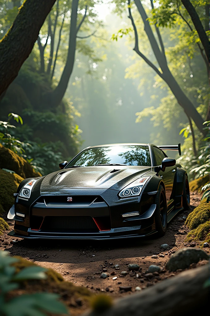 A nissan gtr black fully modified in a jungle 