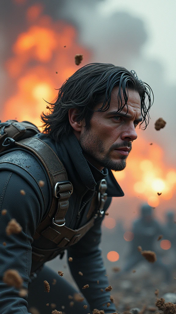Bucky is depicted in a life-or-death situation, perhaps hanging from a cliff edge or caught in the blast of an explosion, his face showing a mixture of fear and determination. The scene around them is charged with tension: debris and dirt suspended in mid-air, flames from an explosion halted in their tracks, and soldiers frozen in the midst of combat.