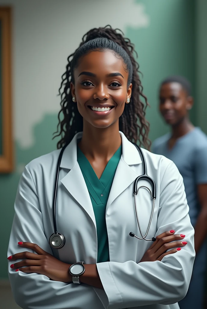 I want a go for a health channel called ZimVitals, with motto "Wellness together, happiness forever". Put a tinge of dim Zimbabwean flag at the background. Add a realistic black doctor with a patient in the background make it water mark then put a health logo in front