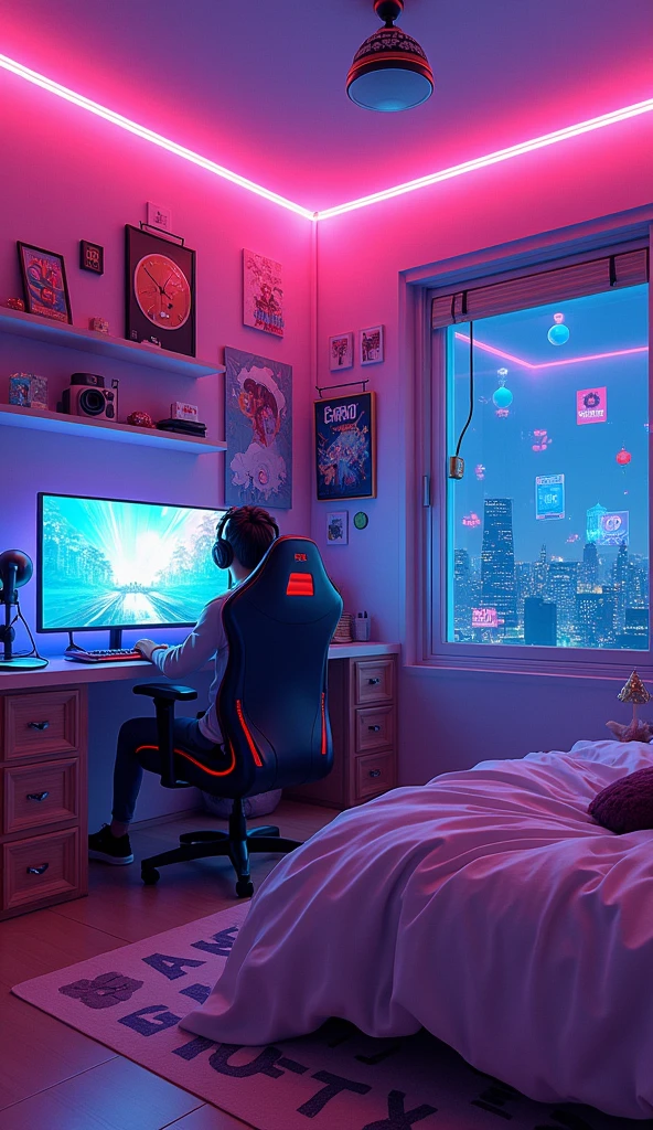 Design an anime bedroom for a gaming enthusiast. Use vibrant colors, LED lights, and posters of favorite games. Incorporate a gaming setup with a futuristic console and comfortable seating. Capture the excitement and energy of a ager's gaming haven. Text: anime animation, illustration, studio ghibli --ar 3:2 --stylize 750 --niji 5