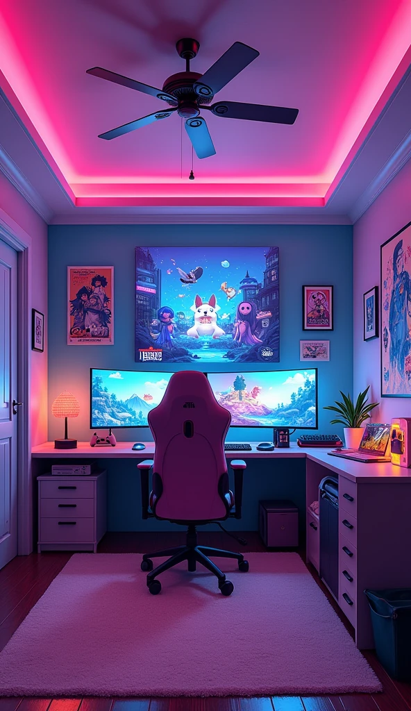 Design an anime bedroom for a gaming enthusiast. Use vibrant colors, LED lights, and posters of favorite games. Incorporate a gaming setup with a futuristic console and comfortable seating. Capture the excitement and energy of a teenager's gaming haven. Text: anime animation, illustration, studio ghibli --ar 3:2 --stylize 750 --niji 5