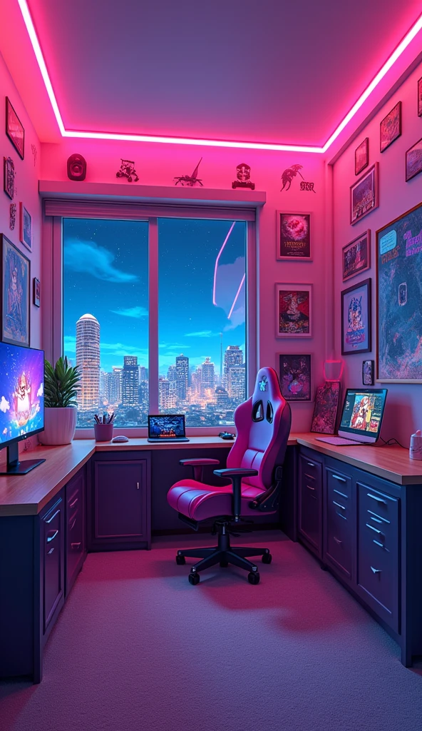 Design an anime bedroom for a gaming enthusiast. Use vibrant colors, LED lights, and posters of favorite games. Incorporate a gaming setup with a futuristic console and comfortable seating. Capture the excitement and energy of a teenager's gaming haven. Text: anime animation, illustration, studio ghibli --ar 3:2 --stylize 750 --niji 5