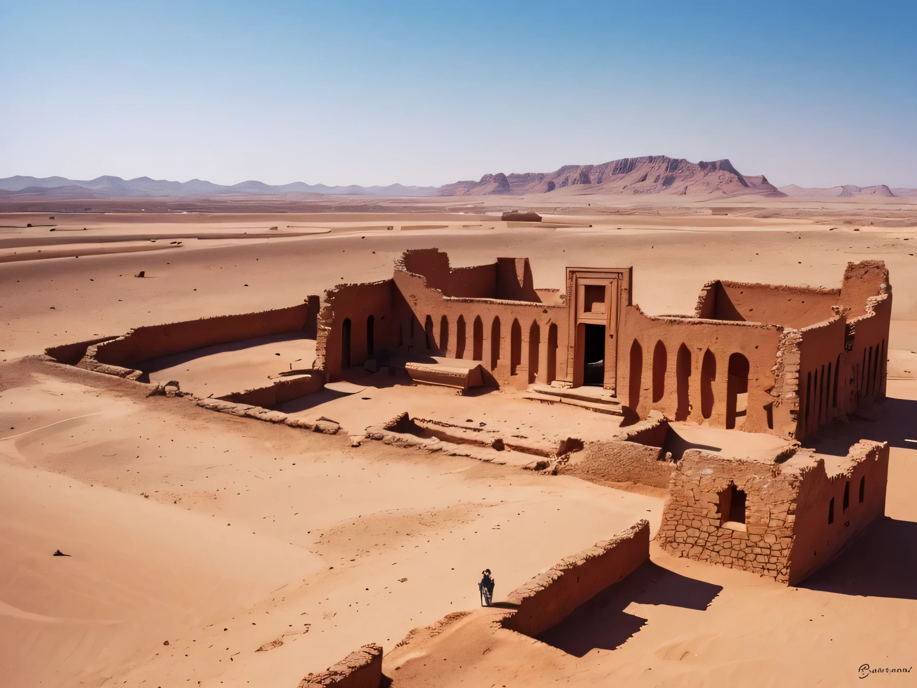 Sahara　Ruins can be seen in the distance　watercolor