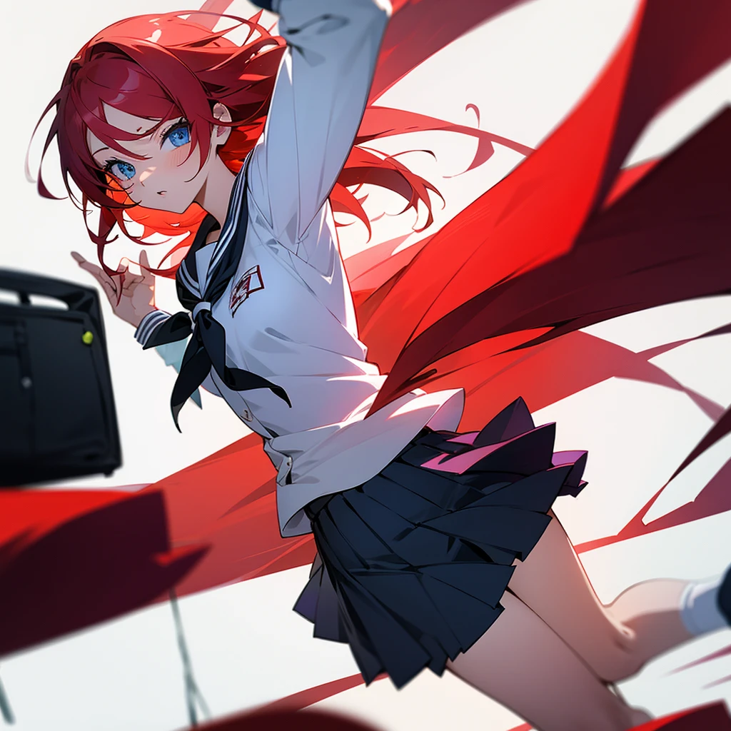 Anime girl with red hair and blue eyes in school clothes