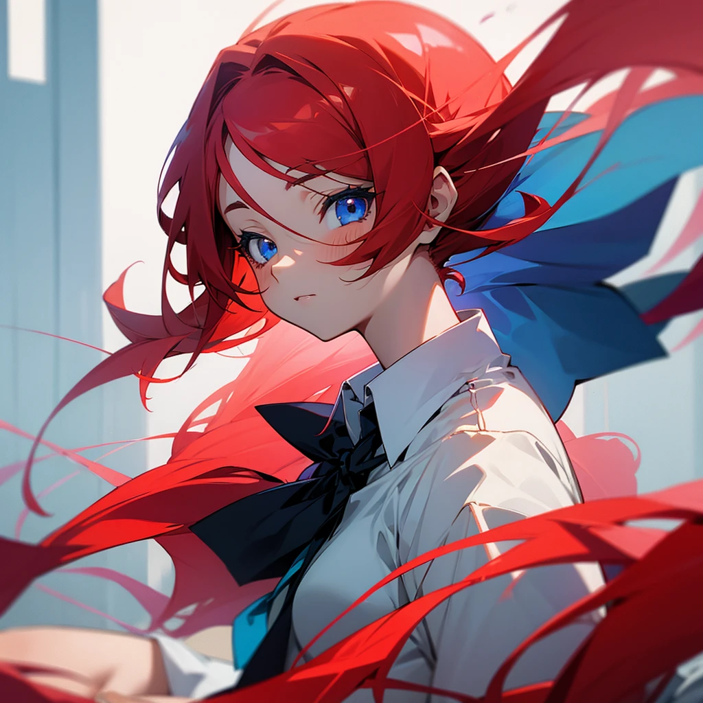 Anime girl with red hair and blue eyes in school clothes