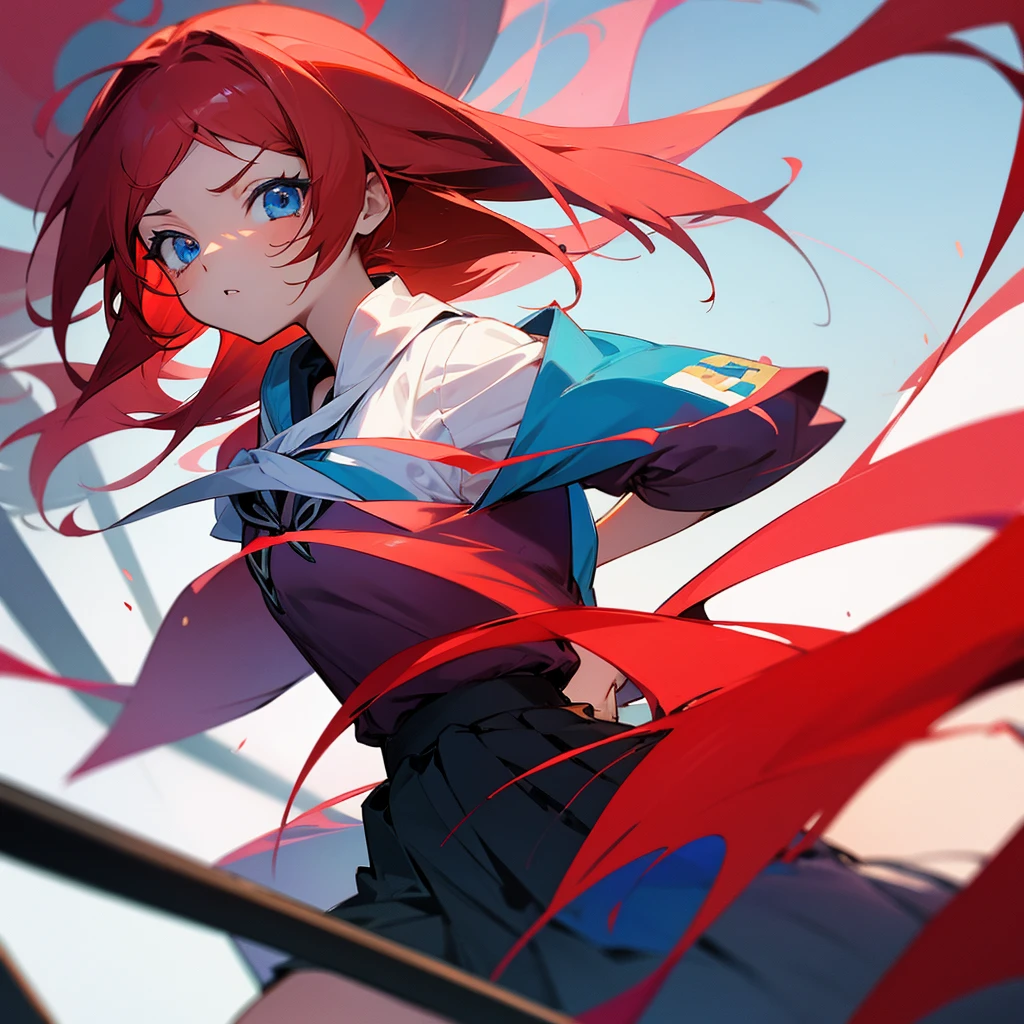 Anime girl with red hair and blue eyes in school clothes