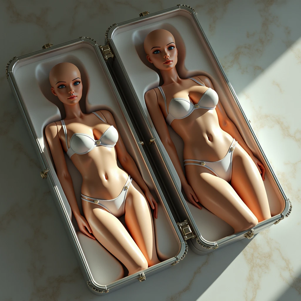 Sexually-stimulating clones packed in huge duralumin cases, Luxury, Expensive, Head to thighs composition, Shot from above, Wearing default lingerie, Pads that fit the android's body perfectly, Expressionless, Realistic skin texture, Detailed face and eyelids, Long eyelashes, Closed eyes, Detailed lips, Detailed décolleté , Beautifully detailed large breasts, Beautifully detailed hips, Beautifully detailed navel, Beautifully detailed thighs, Human form, Ultimate beauty beyond human, Aluminum case lying on marble floor, (best quality,4k,8k,highres,masterpiece:1.2),ultra-detailed,(realistic,photorealistic,photo-realistic:1.37),concept art,3d render,highly detailed,cinematic lighting,hyper detailed,intricate details,extremely detailed