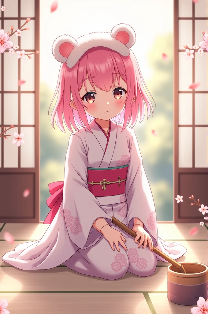Pastel pink hair anime girl, with bear ears, with Kimono cleaning