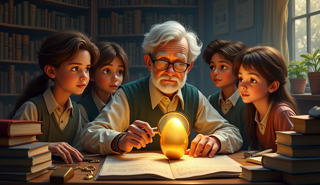 A university office cluttered with books and artifacts. Professor Carter, an elderly man with glasses and a scholarly demeanor, examines the golden egg closely with a magnifying glass. Amelia and her friends, young and curious, look on with anticipation. 