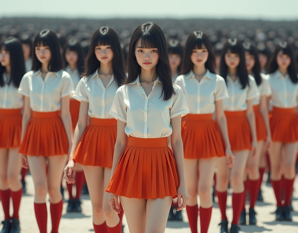 (((((Japanese Clone-girls=Myself))))), (((Super Best masterpiece Clone-girls Raw Photography Art))), (((16K, Highest quality, Ultra-high resolution, RAW Photos))), (((It's so unrealistic., With unparalleled depiction, With an unfathomable sight, An unprecedented and shocking worldview, Clone-girls: In a world of mass reproduction, Ultra-realistic))), (((Japanese Girls, Sasaki Nozomi, 26yo, Small face, Thick black hair, Medium to long hair, Dark Eyes, Mature face, Cute Smile, Smiling face, A gentle gaze, (((Very happy laughter)))))), (((Very beautiful detailed girls, Accurate body structure, Accurate body movements, Very detailed body, (((Super big breasts, Large bulge of ample breasts)))))), (((White short-sleeved shirt, I can see the cleavage, Emphasise the fullness of your breasts, Orange pleated mini skirt, Red color socks, Black leather shoes))), ((((((((Very detailed, Myself cloning, Depiction of splitting oneself, 1Myself girl→1,000,000,000,000,000,000,000,000,000,000Myself cloning girls)))))))), (((((((Myself clone-girlsから, Myself keeps multiplying, (Very detailed and intricate, To the exact, Flawless, (((In the same female body,With the same face, With the same hairstyle, In the same clothes, At the same height, 同じSuper big breastsである))), In a detailed depiction), 1,000,000,000,000,000,000,000,000,000,000 people))))))), (((((Myself girls only))))), (((((1,000,000,000,000,000,000,000,000,000,000Myself girls))))), (((((Very detailed depiction, Multiple or more Myselves, Physical contact, Pleasant conversation, Holding hands, Hug, walk, Turn around, Shift your gaze))))), (((Very detailed, Extremely crowded, Body-to-body contact with no gaps))), (Bright and soft light), (((((Clear and accurate perspective depiction, super wide view, Ultra-wide field of view, Focus on the average value of the image))))), A crowd of Myself filling up the horizon, Everyone is sexy!