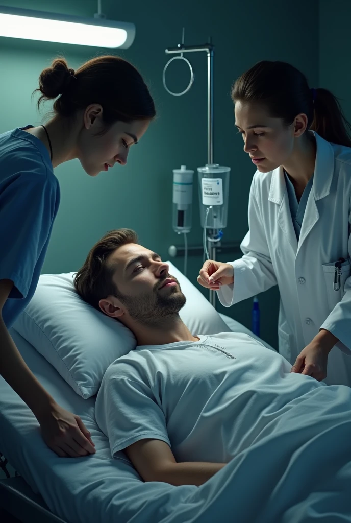 Create an image in which a patient who is on saline/taking glucose laying on bed in hospital room and 1 doctor and 1 nurse and they are seeing to the saline and the patient is unhappy and sad and helpless not happy with his situation but he is quietly laying on his bed the doctor and nurse are seeing to the glucose bottle male patient and they are seeing on the saline bottle