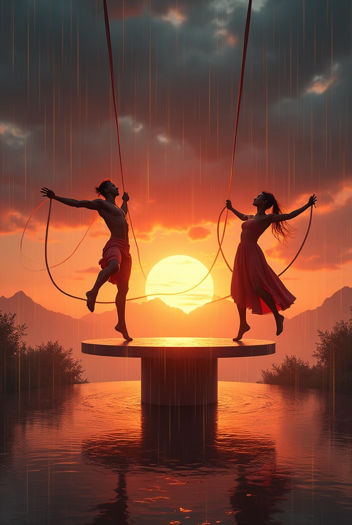 2 rope danc in a table with sunset rainy backround