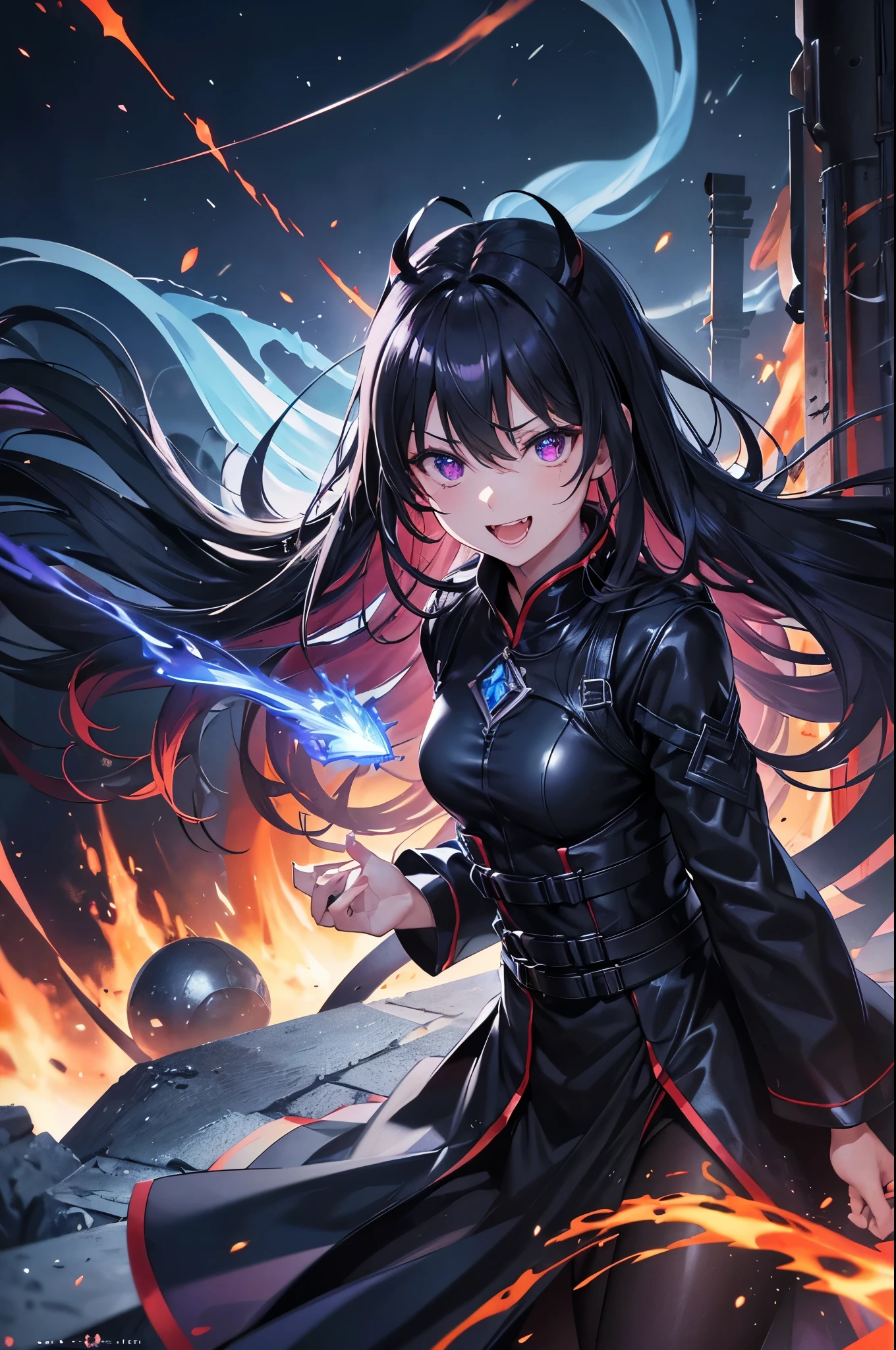 (16K,Ultra-high resolution,Highest quality,masterpiece,Super detailed,Very vivid CG),((背中にblackい悪魔の翼が生えた闇堕ちした美少女)),A large sword imbued with blue flames,Overall dark latex outfit,Red glowing eyes,Anatomically correct body,Highly detailed features, Beautiful and perfect face, Perfect Eyes,angle from below,Photographed from the front,Standing on a giant pillar of flame, he looks down on the viewers.,Eyes without highlights,blackと紫の衣装,Perfect lighting,black,Red ice scattered on the ground,Blue-violet skin,Perfect lighting,Wicked Smile,Laugh with your mouth wide open,Big fangs,Standing 5m away from the camera,Explosive Flame Background,A burnt-out town in the middle of the night