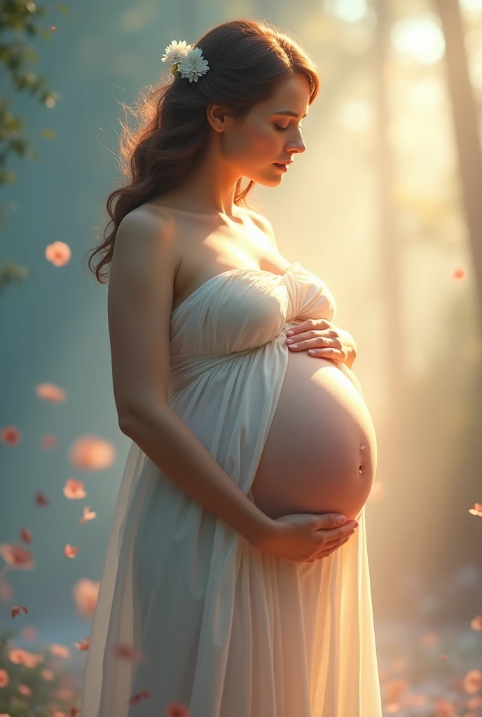 Beautiful woman with a big belly and her belly is about to burst.