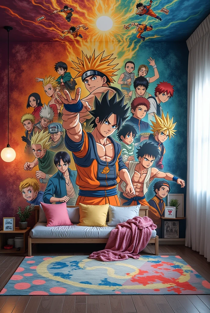 Give me a wall painting with full of anime and also colourfully and cover with full wall for boys for boys bedroom full of anime like Naruto,Chainsaw man,Goku,and more
Give me more interesting ok an a mix of anime