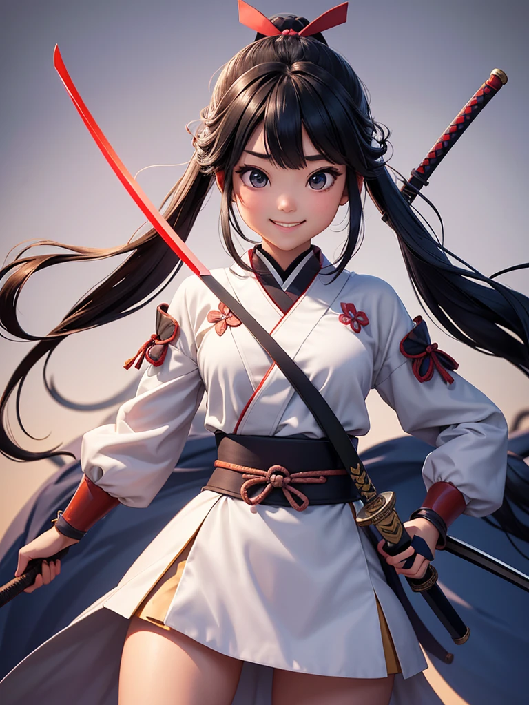 走っているwhole bodyの姿　She has a cute smile　samurai　Hold the sword　whole body　AI images