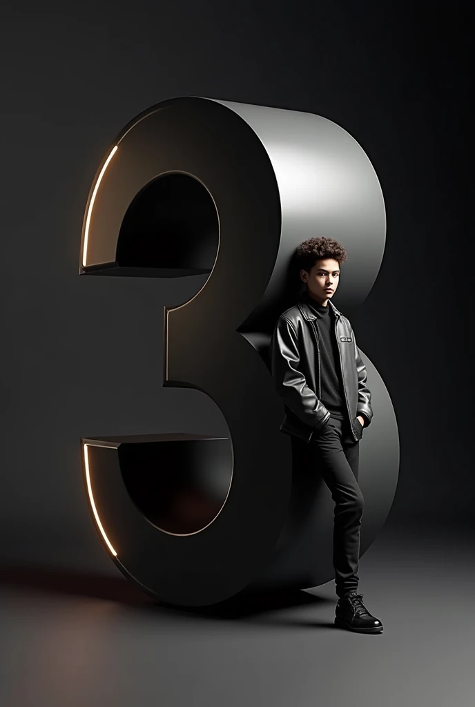 Create an image featuring a large, glossy,'F,,† 3D letter in the foreground with a boy leaning casually against it. The person should be dressed in stylish, monochromatic clothing and have a confident pose. The background should be a dark gradient to keep the focus on the letter and the person. Ensure that the lighting gives a soft glow to the edges of the 3D letter and casts subtle shadows to add depth to the