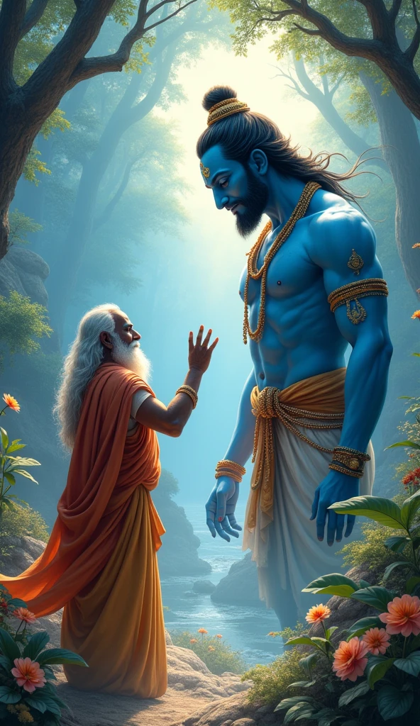भृगु ऋषि (जो कि बुजुर्ग है) लॉर्ड विष्णु (जिसका शरीर का वर्णन नीला है) को श्राप दिया