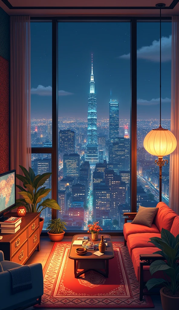 Imagine an anime interior set in a modern urban apartment with large windows overlooking a city skyline at night. Blend diverse cultural elements in the decor, such as tapestries, artwork, and furniture inspired by different world cultures. Capture the warmth of city lights against the dark night sky and convey a sense of comfort and belonging within the diverse aesthetic. Text: anime animation, illustration, studio ghibli --ar 3:2 --stylize 750 --niji 5