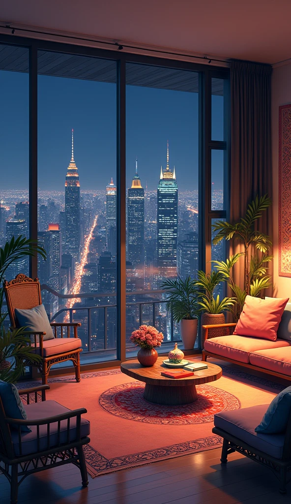 Imagine an anime interior set in a modern urban apartment with large windows overlooking a city skyline at night. Blend diverse cultural elements in the decor, such as tapestries, artwork, and furniture inspired by different world cultures. Capture the warmth of city lights against the dark night sky and convey a sense of comfort and belonging within the diverse aesthetic. Text: anime animation, illustration, studio ghibli --ar 3:2 --stylize 750 --niji 5