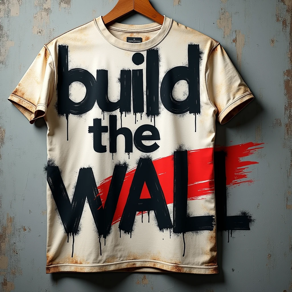 t-shirt design, a cement wall with "build the wall" grafittid on to it, the final L is scribbled over and a Z is added