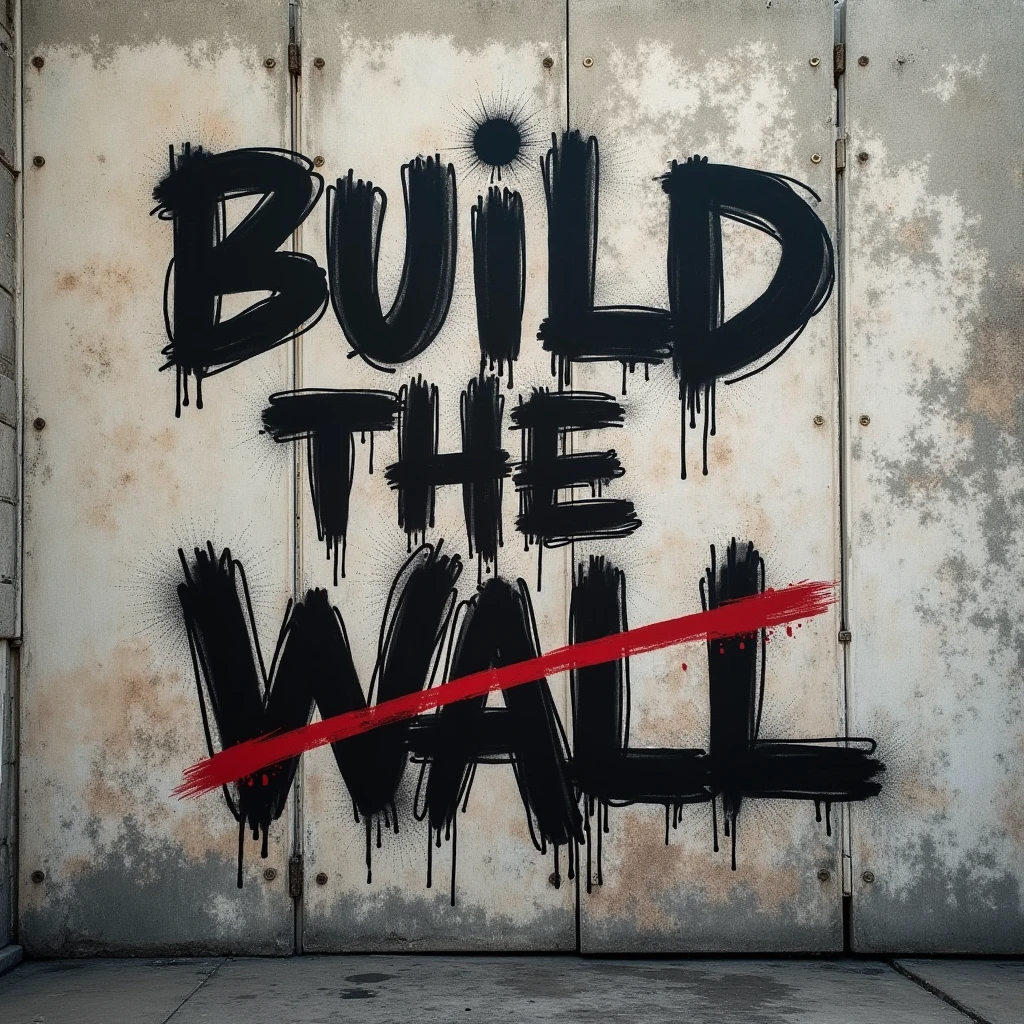 t-shirt design, a cement wall with "build the wall" grafittid on to it, the final L is scribbled over and a Z is added