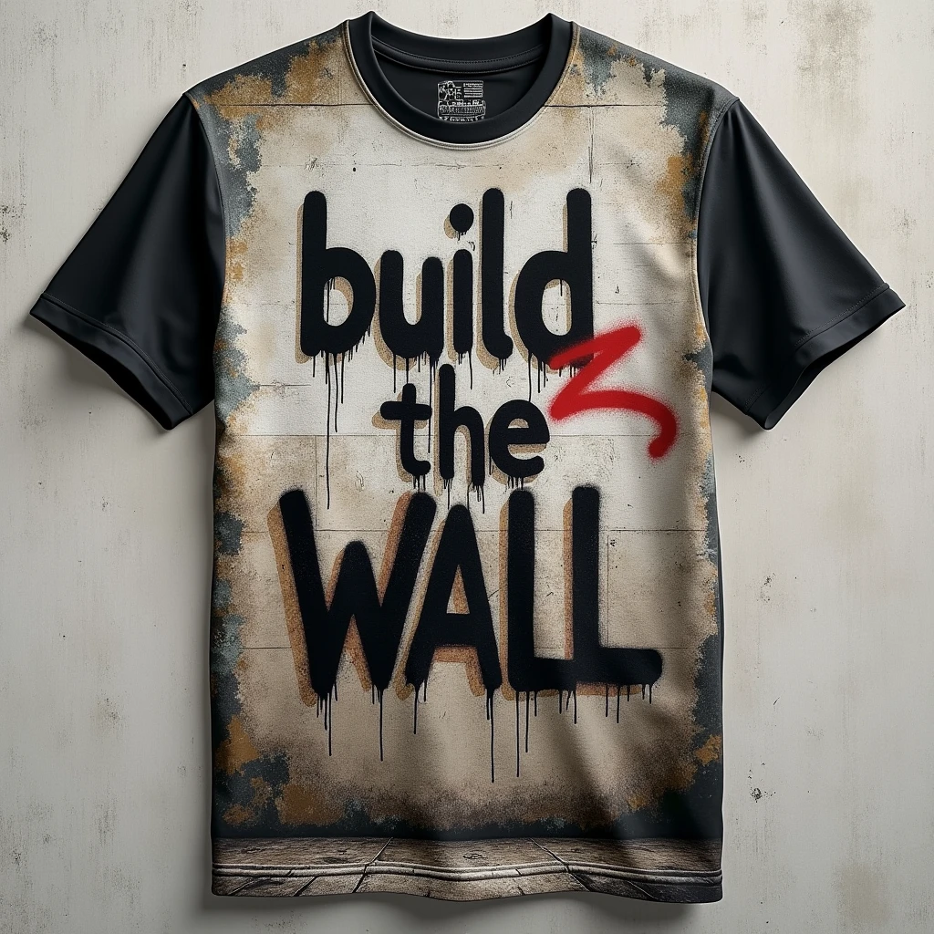 t-shirt design, a cement wall with "build the wall"  grafittid on to it, the final L is scribbled over and a Z is added