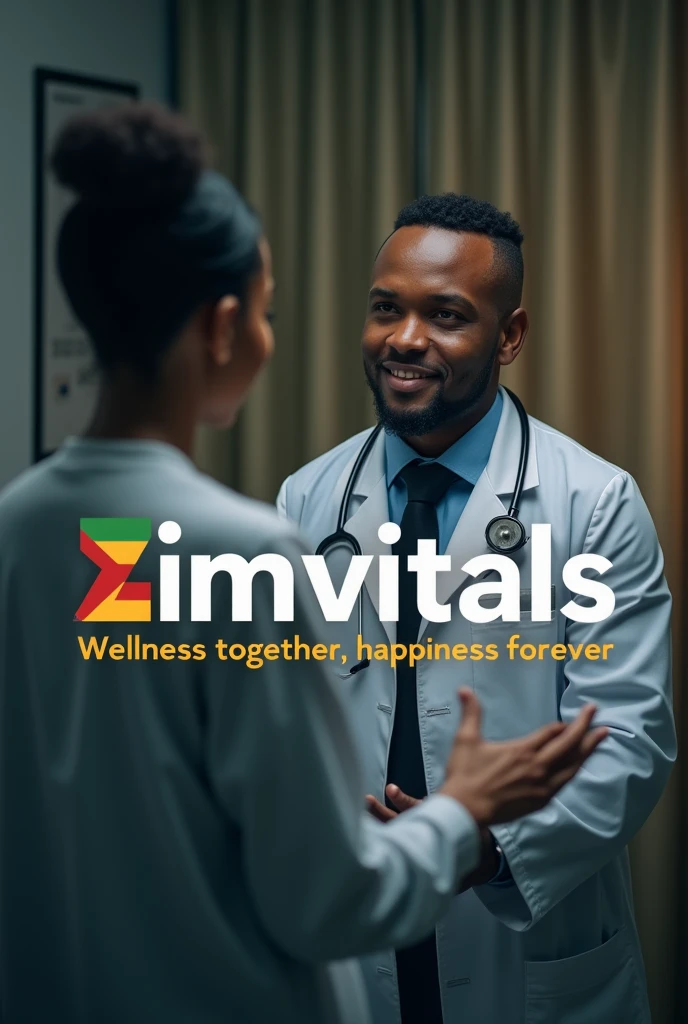 I want a logo for a health channel called ZimVitals, with motto "Wellness together, happiness forever". Put a tinge of dim Zimbabwean flag at the background. Add a realistic black doctor with a patient in the background.