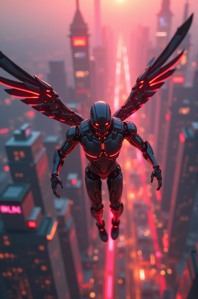 A robotic Man flying in high sky and city with red nion lights 
