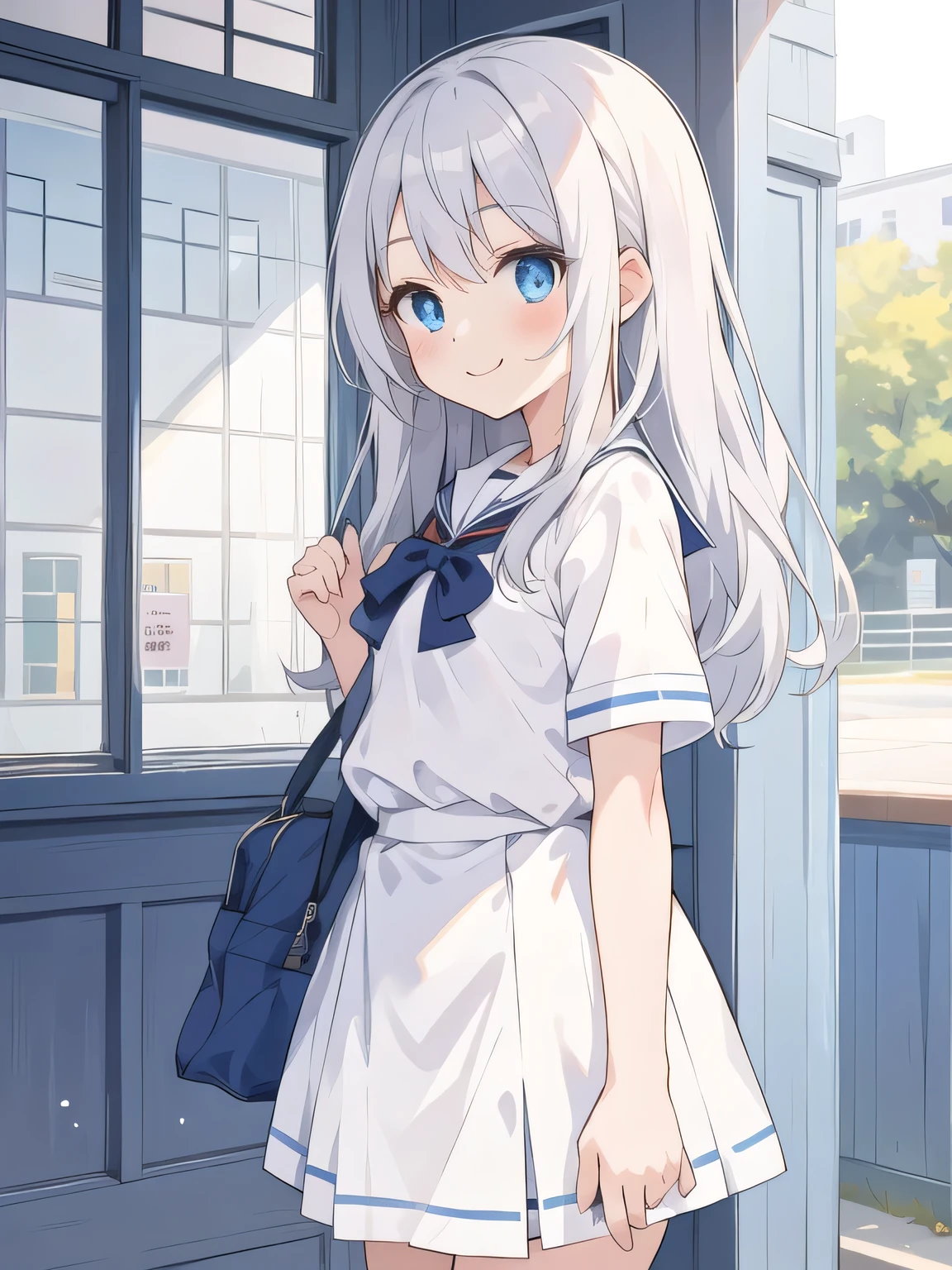 cute girl, アニメ, silver hair, Blue eyes, feel shy, cute, (young:1.1), side shot, cowboy shot, white school uniform, morning, school zone, smile