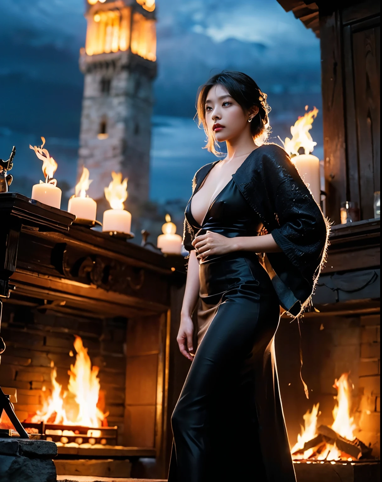 (Full body photo,Full-body display),((Great composition,Medieval Battlefields,A woman wearing a loose royal blue silk skirt,Goddess of Fire,Behind her is a stone castle.,Shooting from below,Rich scene details,Smoke was floating everywhere,You can see a tall tower in the distance,The flames light up the sky red)),(Age 25,A solemn and stern expression,Nipple Shadow),((Anatomically correct,8k, Very detailed, UHigh resolution, masterpiece, Very detailed, Attention to detail, high quality, Awards, 最high quality, High resolution, 4K, 8k, Accurate))