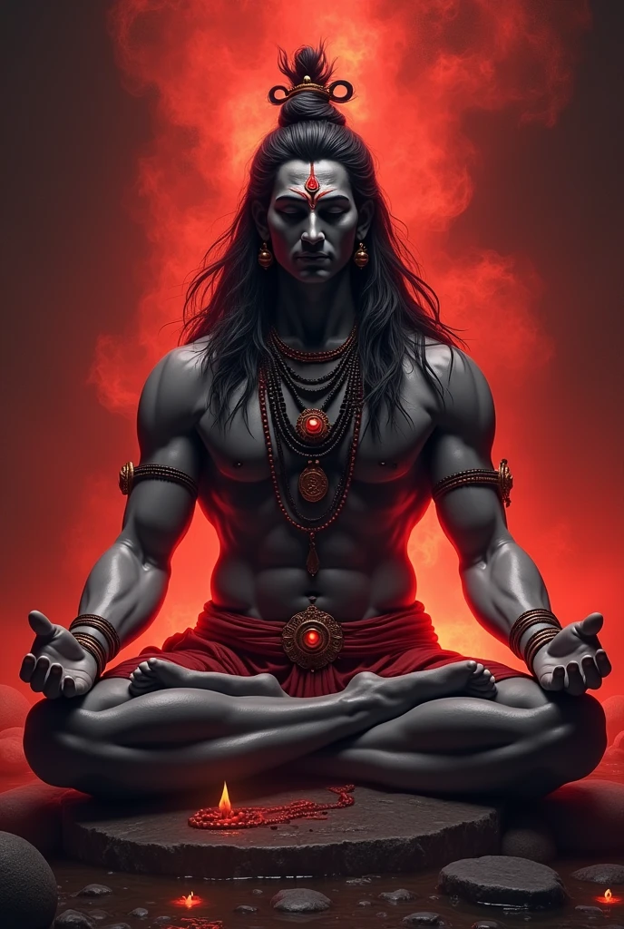 Generate lord shiva best image in color:red&black in meditation form and best bulk body